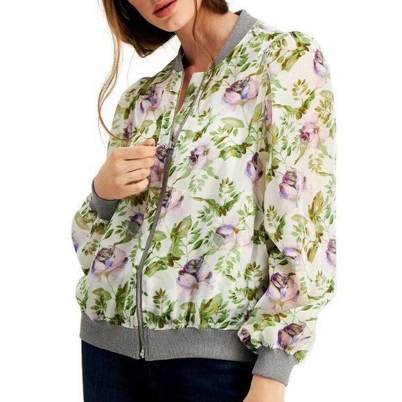 *NEW* INC Mayfair Garden Sheer Floral Purple Green Bomber Jacket sz L - Picture 1 of 7